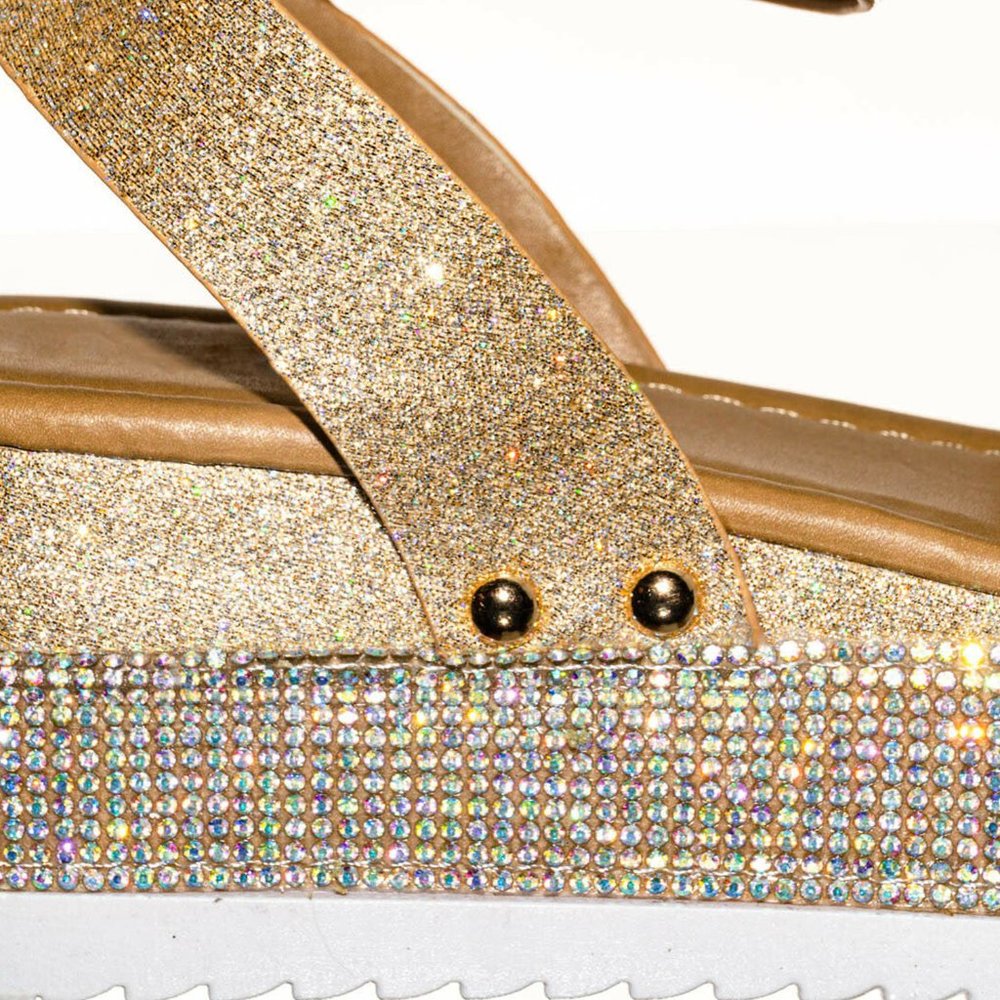 NEW Sparkling Rainbow Rhinestone Open Toe Sandals Flat Platform Heel Ankle Strap - Picture 10 of 11